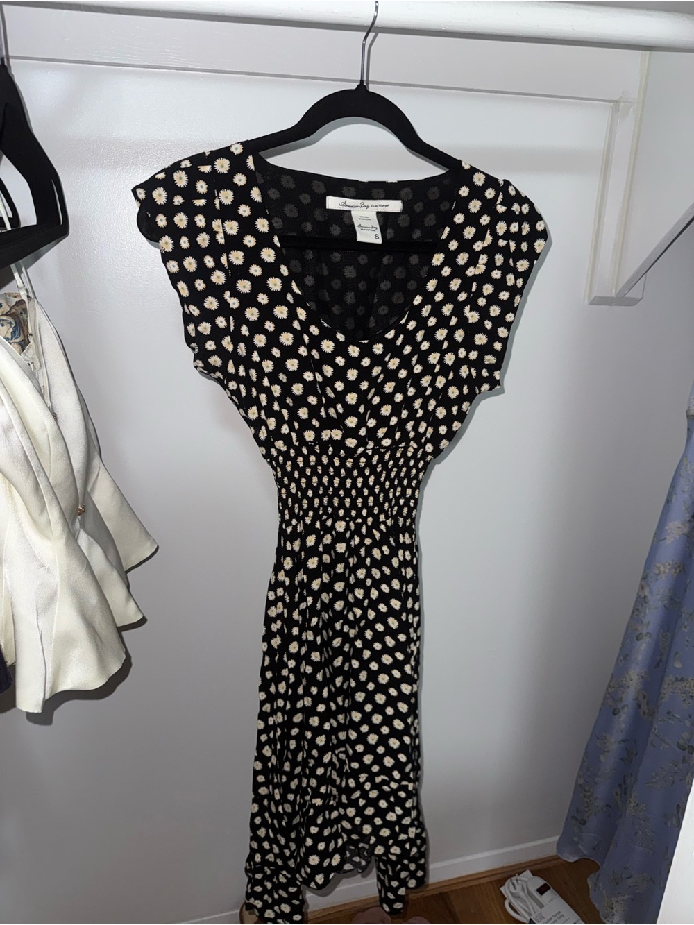 Black floral Polka Dot Smocked Waist High Low Dress